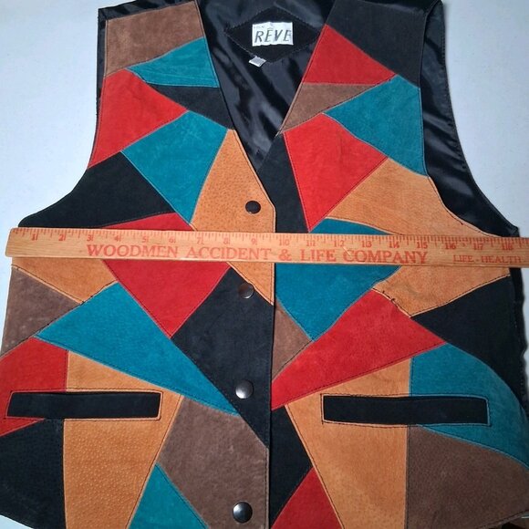 Vintage 1990s Ton Reve Vest Women Medium Suede Leather Patchwork Colorful Artsy - Picture 3 of 16